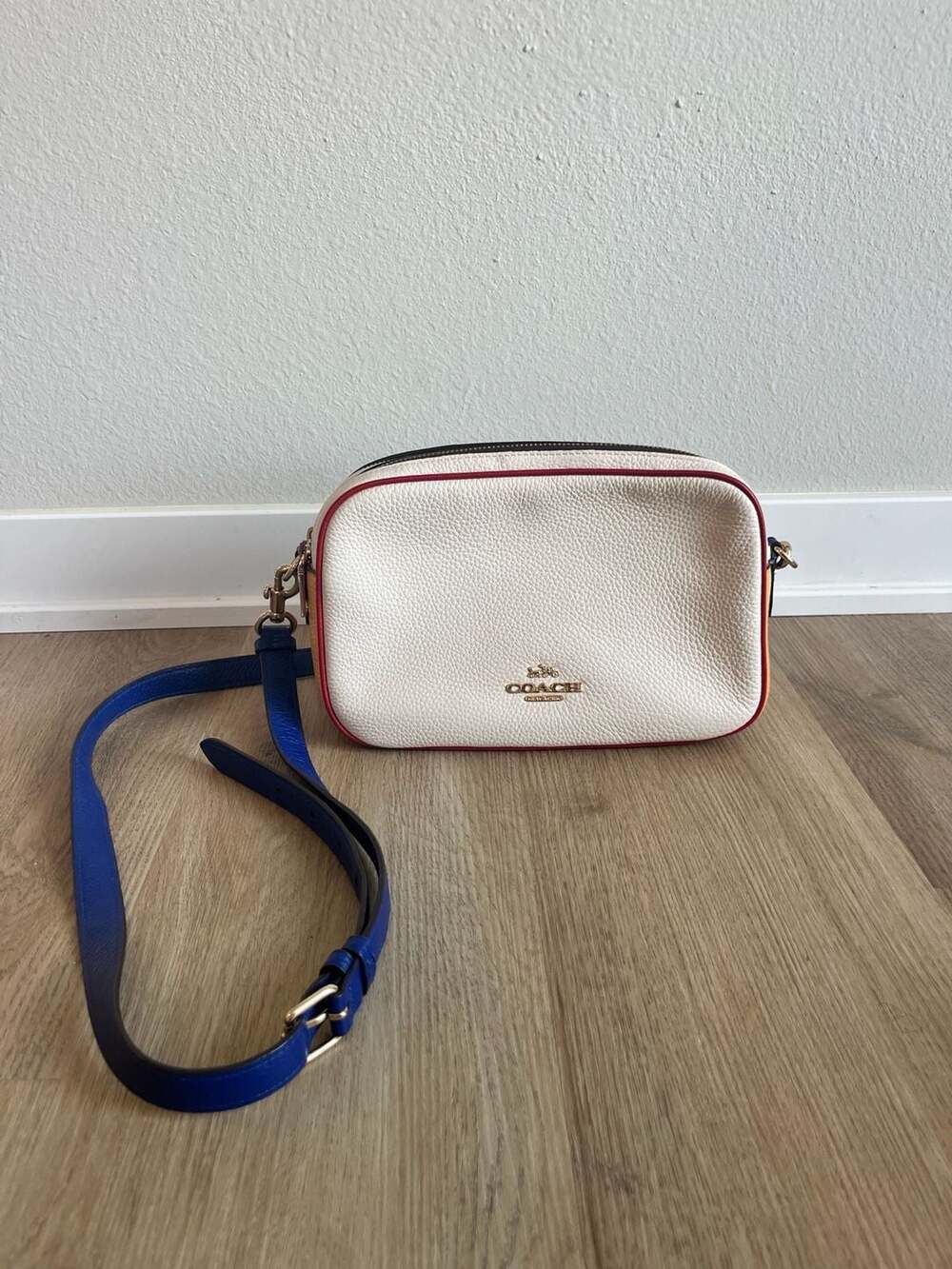 Coach, Color Block Pebble Leather, 2 Zipper Crossbody,Neutral,Gold,Luxury,Travel